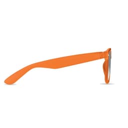A pair of sunglasses featuring thick orange frames and sleek grey lenses, viewed from the side.