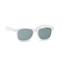 A pair of white sunglasses with grey lenses, featuring a sleek design and branding on the side.