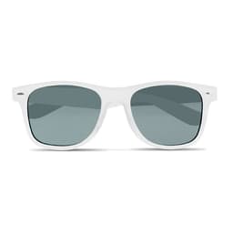 A pair of white sunglasses with grey lenses and a classic frame design. The sunglasses have a logo on the side.