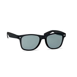 A pair of classic black sunglasses with grey lenses and a sleek design. The frame features a logo on the side.