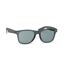 A pair of black sunglasses with grey lenses and a logo on the arm.