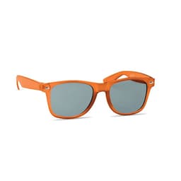 A pair of orange sunglasses with grey lenses and a brand logo on the arm.