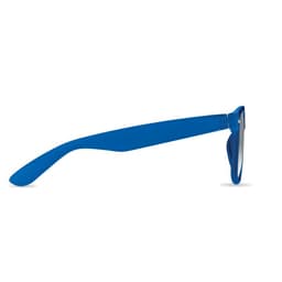 A pair of blue sunglasses featuring a sleek design and a single solid blue arm.