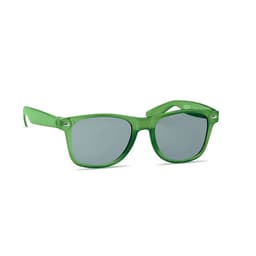 A pair of green sunglasses with grey lenses and a sleek design. Features a branding logo on the arm.
