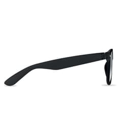 A pair of black sunglasses featuring a sleek design and a solid frame. The side view highlights the smooth contours.