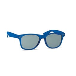 A pair of blue sunglasses with grey lenses and a logo on the arm.