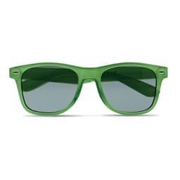 A pair of green sunglasses with dark lenses and a classic frame design.
