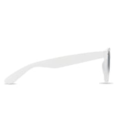 A pair of white sunglasses with a sleek design, featuring a transparent frame and grey-tinted lenses.