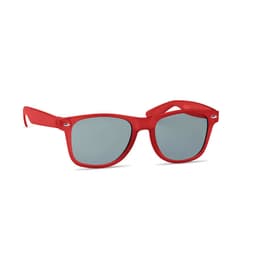A pair of red sunglasses with grey lenses, featuring a modern design and branding on the side.