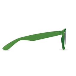 A pair of green sunglasses featuring a streamlined design and a solid frame.