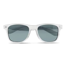A pair of sunglasses with a white frame and grey lenses, featuring a logo on the side.