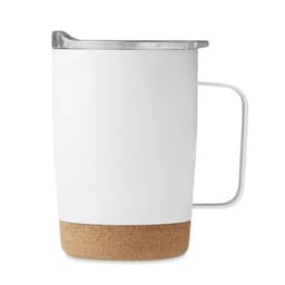 A drink bottle with a white body, cork base, and metallic lid, featuring a handle and a logo.