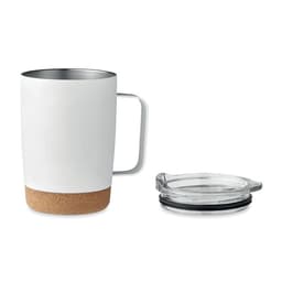 A drink bottle in white with a cork base and a clear lid. It features a handle for easy use.