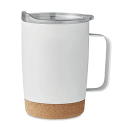 A drink bottle in white with a cork base and a transparent lid. It features a sturdy handle for easy carrying.