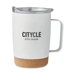 A drink bottle in white with a cork base and a clear lid, featuring a logo on the front.