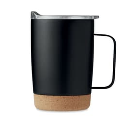 A drink bottle in matte black with a cork base and a transparent lid. Features a handle and a branding logo.