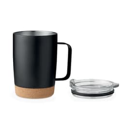 A drink bottle with a black body, cork base, and a clear lid. It has a handle and features a logo.