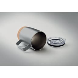A drink bottle in silver with a cork accent, accompanied by a clear, threaded lid.