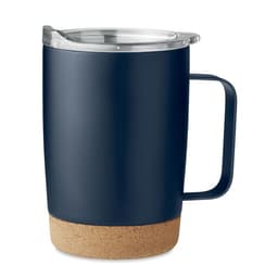 A drink bottle in navy blue with a cork bottom and a clear lid, featuring a handle and a logo.
