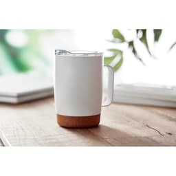 A drink bottle in white with a cork base, featuring a clear lid and a handle, set on a wooden surface.