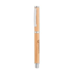 A pen with a natural wood finish and silver accents, featuring a logo design.