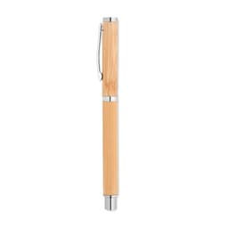 A pen with a bamboo barrel and silver accents, featuring a clip and a polished tip.