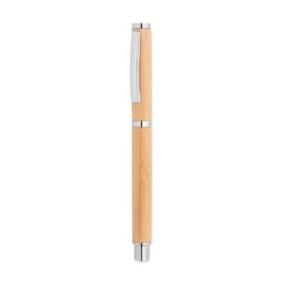 A pen featuring a sleek wooden body with a silver clip and accents.