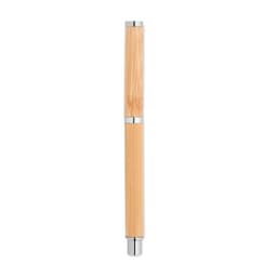 A pen with a bamboo body and silver accents, featuring a sleek and minimalist design.