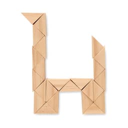 A wooden tangram puzzle arranged to form the letter "H" with geometric shapes.