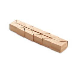 A wooden toy featuring multiple triangular-shaped pieces arranged in a line. The natural wood finish highlights its texture.