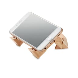 A wooden phone stand in a triangular design, holding a smartphone at an angle. It has a natural finish.