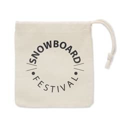 A drawstring pouch in cream with a black circular logo featuring the text "Snowboard Festival".