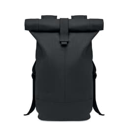 A black roll-top backpack with adjustable straps and a sleek design. It features a simple, modern aesthetic.