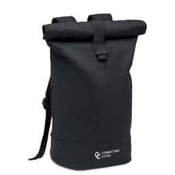 A black roll-top backpack featuring adjustable straps and a logo on the front.