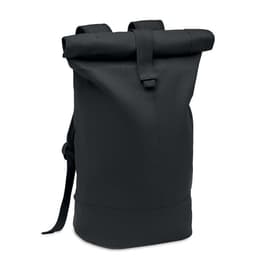 A black roll-top backpack with adjustable straps and a sleek design, featuring a logo on the front.