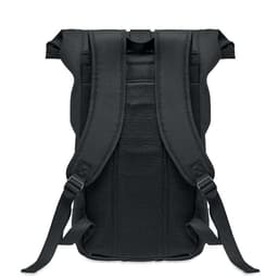 A black backpack with padded, mesh shoulder straps and a breathable back panel. It features adjustable straps.