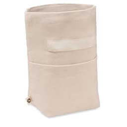 A storage bag in a soft, beige colour with two front pockets and a label tag at the bottom.