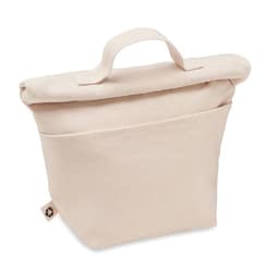 A beige reusable bag with a fold-over top and a handle, featuring a front pocket and a small logo.