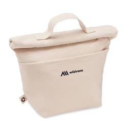 A light beige bag with a rolled top, featuring a handle and a front pocket, has a logo on the side.
