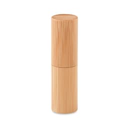 A drink bottle made of bamboo, featuring a cylindrical shape and a smooth, natural finish. It has a branding logo.