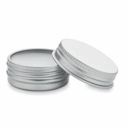 A small silver tin with a screw-on lid, partially open, revealing a smooth interior surface.