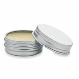A silver tin container with a removable lid, holding a creamy yellow balm inside.