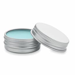 A silver tin container with a light blue balm inside, partially open, featuring a textured lid.