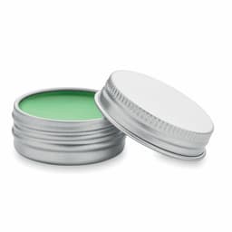 A silver tin container with a green balm inside, partially opened, featuring a smooth lid.