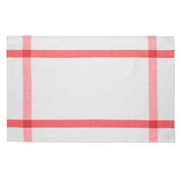 A kitchen towel with a white base and red stripes along the edges. It features a simple, checkered design.