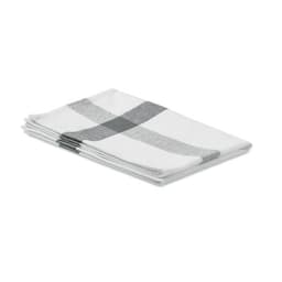A set of four white dish towels featuring grey striped patterns and a folded design, with a simple and clean aesthetic.