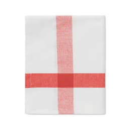 A tablecloth featuring a white background with a red checkered pattern. The design includes horizontal and vertical red stripes.