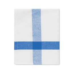 A tea towel with a white background and a blue checked pattern. It features a simple design with one logo.