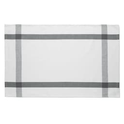 A kitchen towel in white with grey striped borders, featuring a simple and modern design.