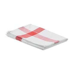 A set of white tea towels with a red checkered pattern, neatly folded. The towels feature a branding logo.